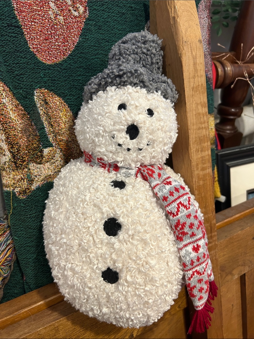 Indigo Cream Snowman with Gray Hat and Red Patterned Scarf